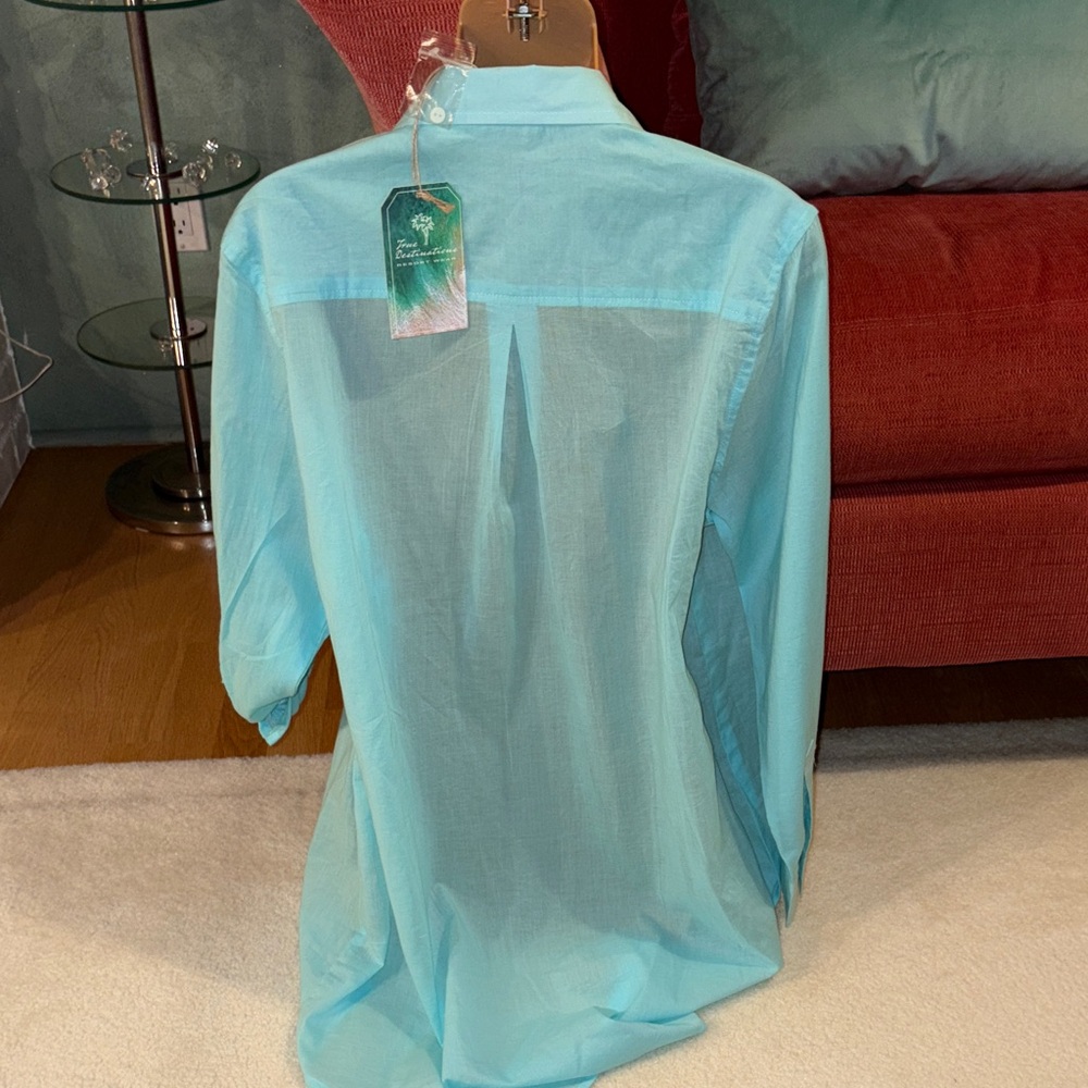 ☀️🏝️NWT True Destinations Resort Wear Caribbean Blue Aqua long Button-Up Shirt - Picture 8 of 8